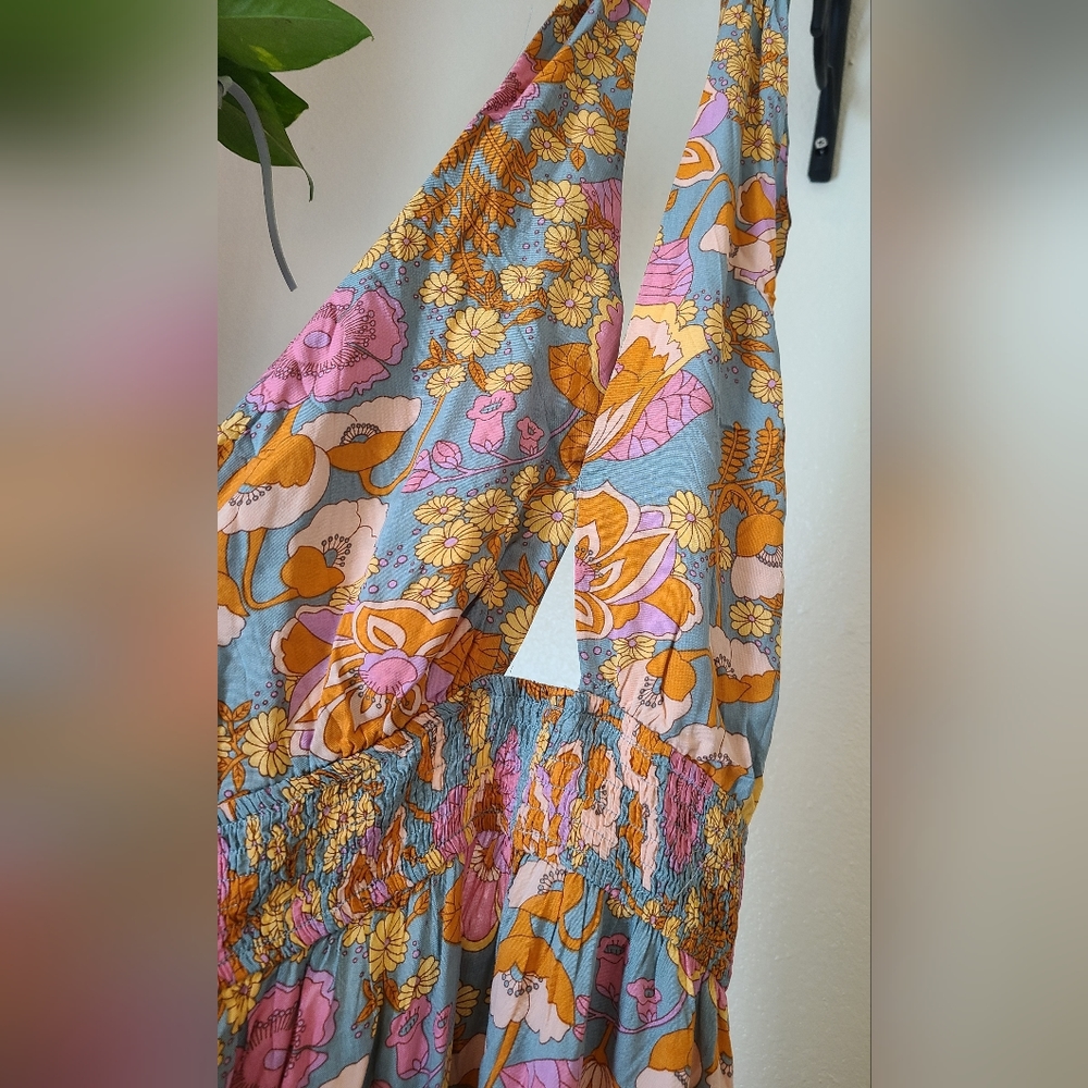 Floral Backless Dress in Blue and Orange